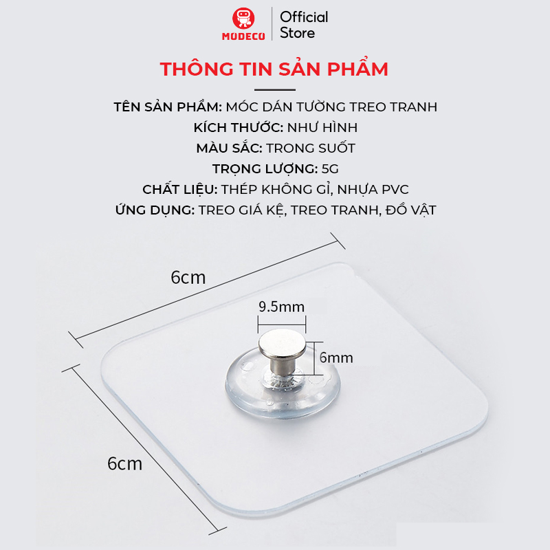 Móc Dán Tường Treo Tranh Siêu Dính Modeco - Khung Ảnh, Đồng Hồ, Đồ Decor Đa Năng - Không Cần Khoan Đục