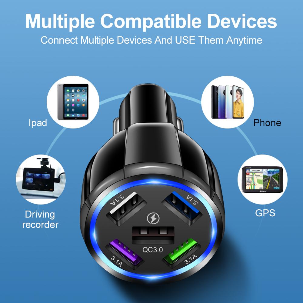 Ebesfous 5 cổng sạc USB trong xe 15A QC3.0 Bộ sạc xe sạc nhanh cho iPhone 14 13 12 Bộ sạc xe điện thoại di động Bộ điều hợp mới