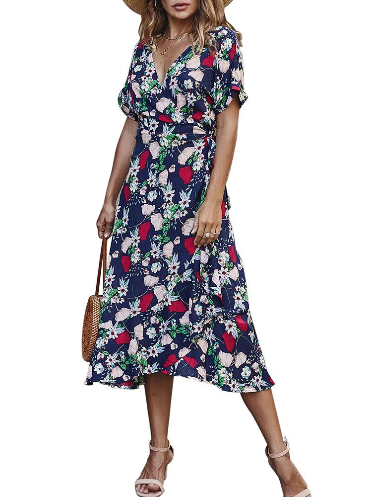 Fashion Women Summer Floral Print Dress V Neck Short Sleeve High Waist Sashes Irregular Hem Casual Holiday Beach Dress