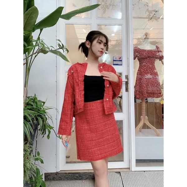Set dạ đỏ tuarua khoác