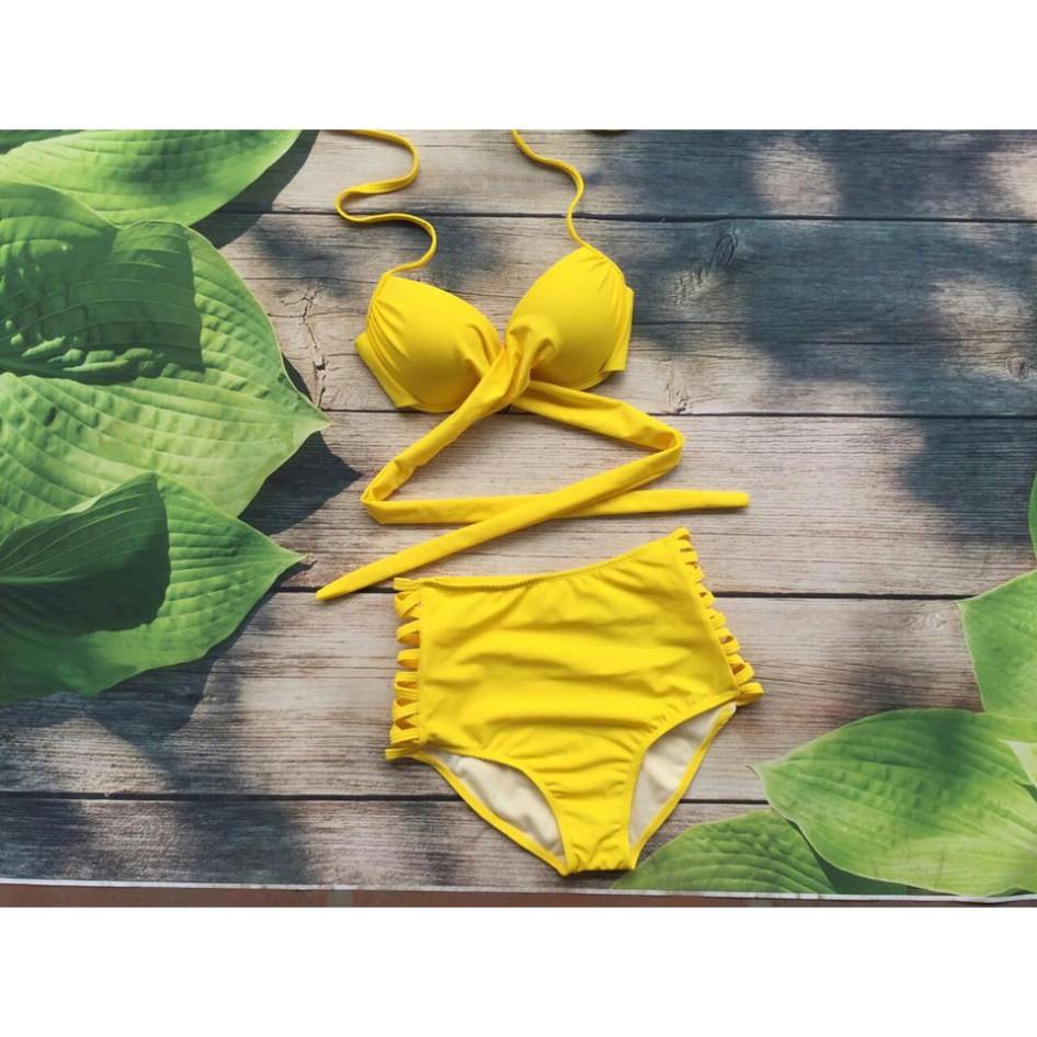 freeship Bộ bơi Bikini hai mảnh đẹp màu vàng có gọng