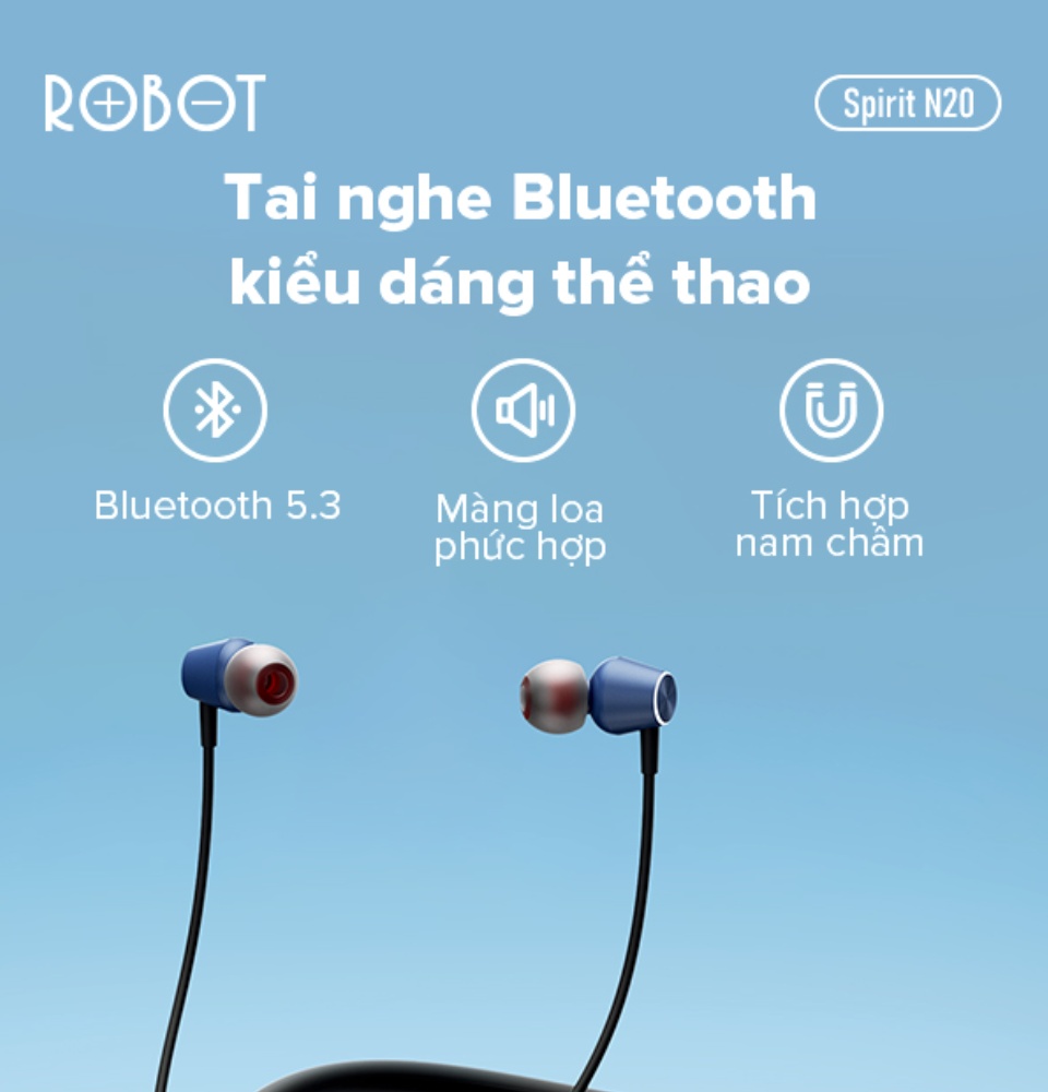 Tai Nghe Thể Thao, Tai Nghe Bluetooth Đeo Cổ Thể Thao ROBOT Spirit N20 - Hàng Chính Hãng