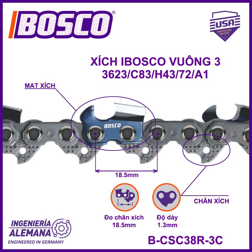 XÍCH  MÁY CƯA  IBOSCO VUÔNG 3 3623/C83/H43/72/A1: 3/8"-1.3mm bản cũ B-CSC38R-3c