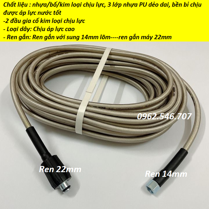 Ống Dây Xịt Rửa Xe Áp Lực Cao 3 Lớp Lõi 10m-15m-20m Ren 14mm | dây xịt rửa xe áp lực cao loại tốt