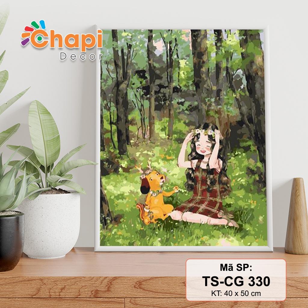 Tranh tô màu số hóa Chapi, Cô Gái Dã Ngoại Trong Rừng KT 40x50cm đã căng khung, Có dầu bóng