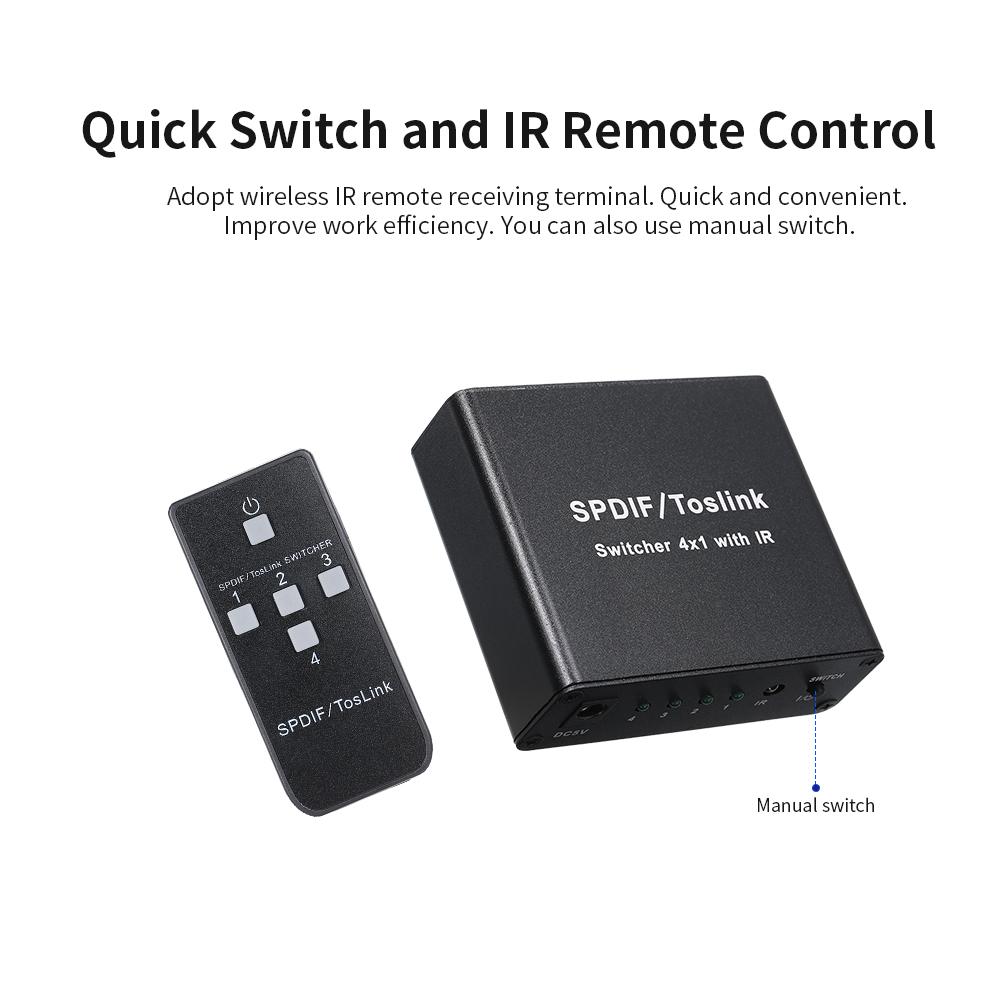 Thiết bị chuyển mạch âm thanh SPDIF TOSLINK kỹ thuật số 4*1điều khiển từ xa hồng ngoại - Phích cắm của US