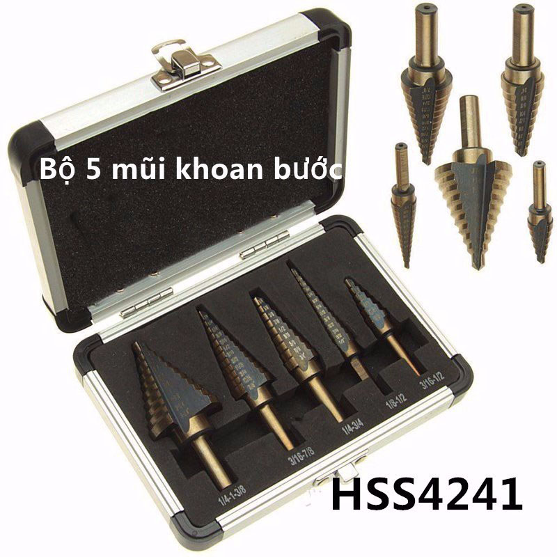 Bộ 5 mũi khoan bước phủ coban thép HSS hộp nhôm