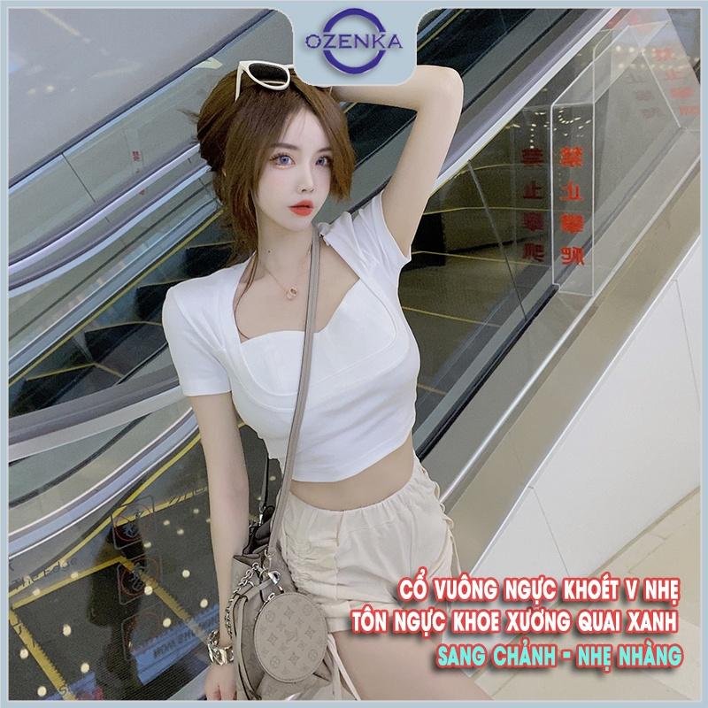 Áo croptop cổ vuông tay ngắn ôm body nữ , ao thun crt nữ kiểu Hàn Quốc màu đen trắng 100% cotton dưới 50 cân