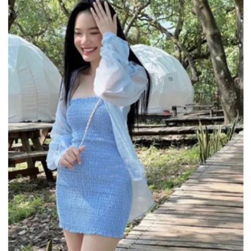 Đầm Ống Nhún Kèm Áo Somi Lụa, Set đầm body óng nhún kèm áo khoác somi voan