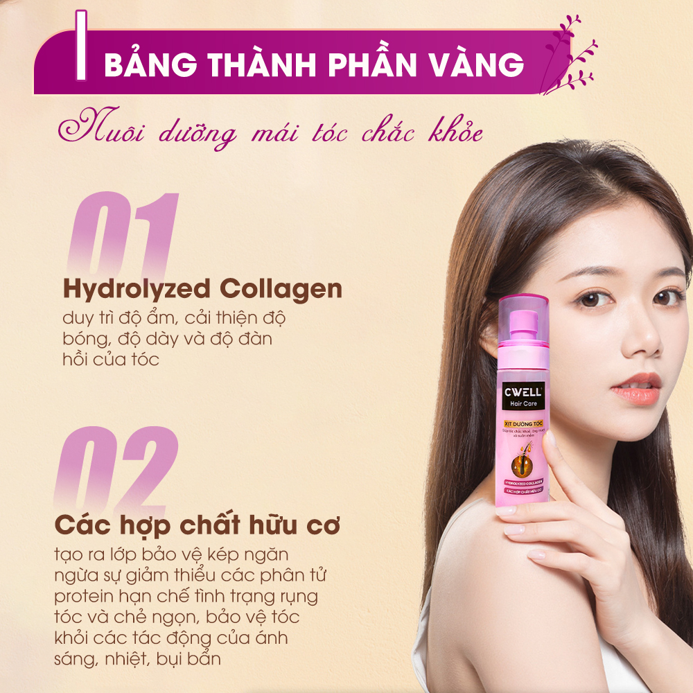 Xịt dưỡng tóc Collagen, phục hồi sâu tóc hư tổn do uốn duỗi nhuộm, dưỡng tóc mượt suôn mềm CWELL 100ml - Hàng chính hãng