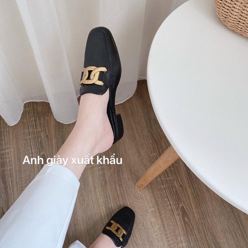 DL08 - Dép Lê/ Sục mũi vuông da lì khoá xích vàng hàng loại 1