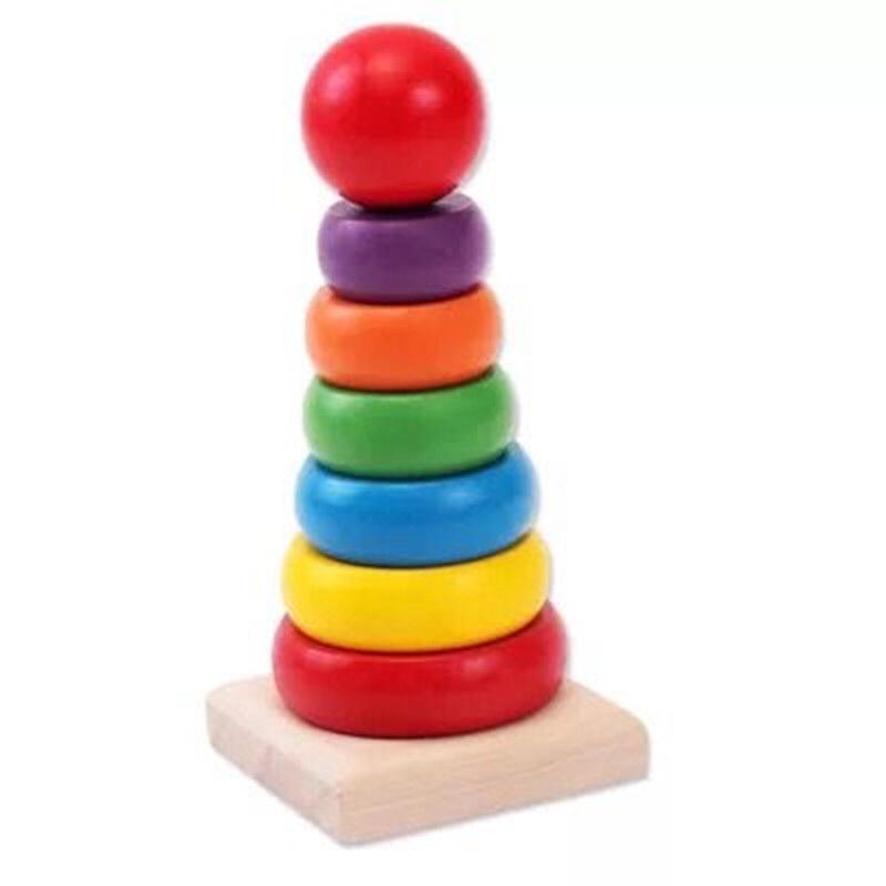 Đồ chơi gỗ Tháp xếp khối vòng gỗ 7 sắc cầu vồng vào trụ phát triển trí tuệ thông minh quan sát tư duy Logic