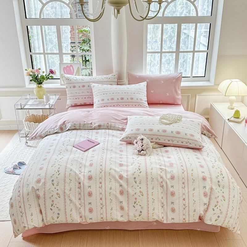 Phong cách mới nhất ins phong cách 100 cotton nguyên chất giường bốn mảnh bộ lưới hoa nhỏ màu đỏ nhỏ tươi phong cách mục vụ chăn ga trải giường ga trải giường được trang bị
