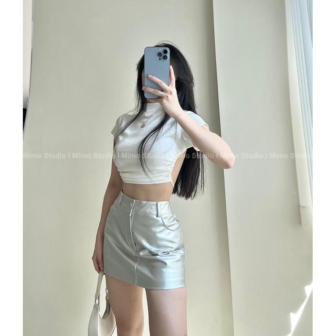 Thun trắng tay ngắn hở lưng dây rút- Váy da xám