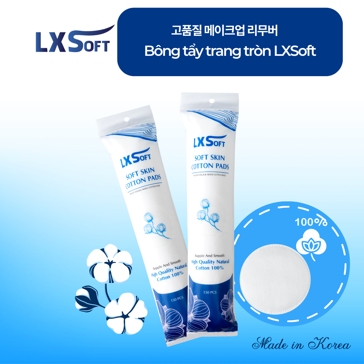 Bông T.ẩy Trang cao cấp LXSoft dạng miếng tròn (150 miếng)  Cotton M.ềm M.ịn, Dập vi.ền ch.ắc chắn, kh.ông xơ bông