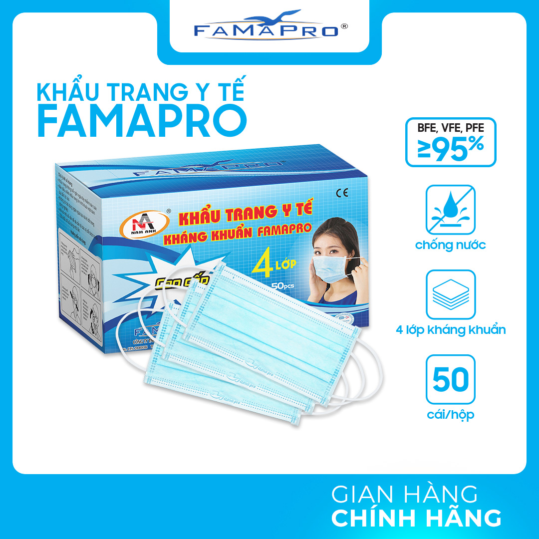 [HỘP - FAMAPRO] - Khẩu trang y tế kháng khuẩn 4 lớp Famapro (50 cái/ hộp) - 1 HỘP