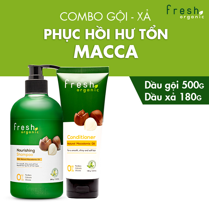 Bộ đôi gội xả Fresh Organic Phục hồi hư tổn chiết xuất hạt Macca hữu cơ 500g + 180g