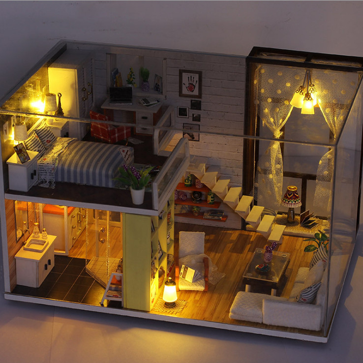 Mô hình nhà DIY Doll House Contracted City Kèm Đèn LED và Mica chống bụi