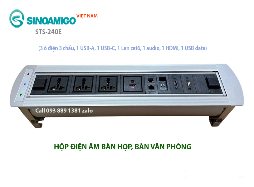 Ổ cắm âm bàn họp, bàn văn phòng Sinoamigo STS-240E, xoay 180 độ, tích hợp đầy đủ ổ cắm cần thiết cho văn phòng