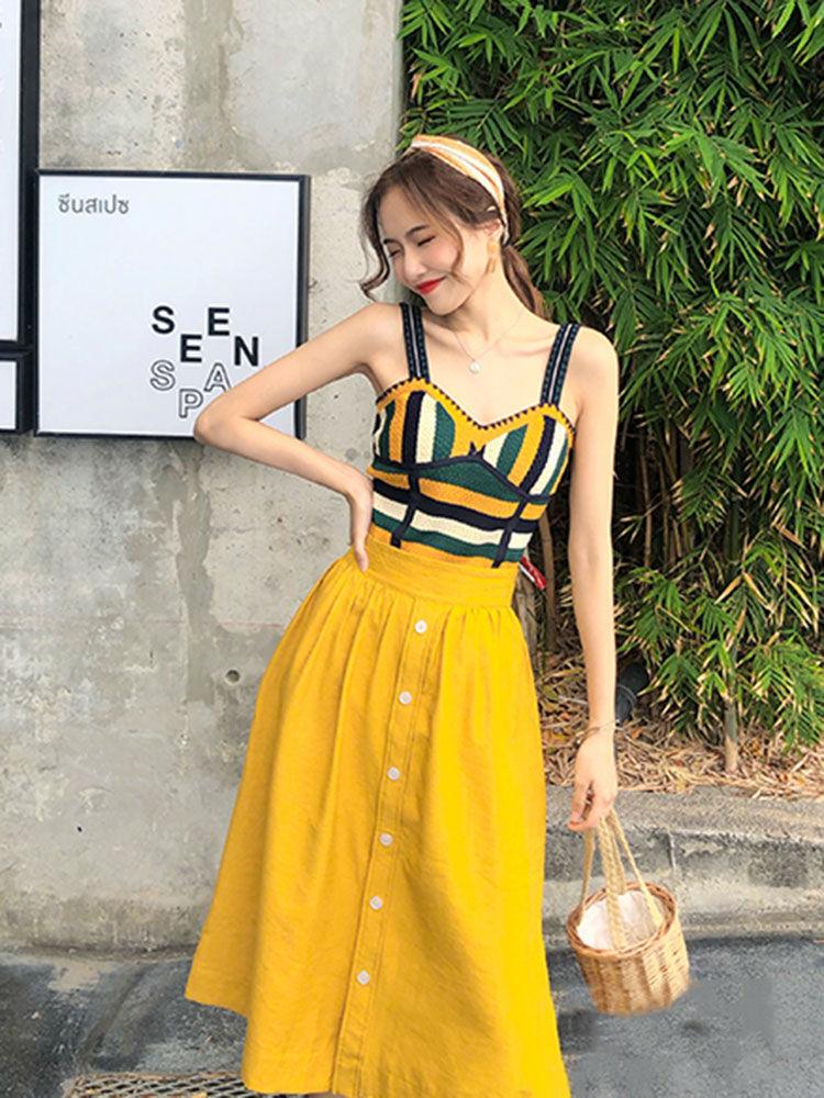 DONGSHOP Pháp thiết kế cảm giác quần short sling ăn 2023 mùa hè eo cao hiển thị gầy một chữ a váy sanya bãi biển váy