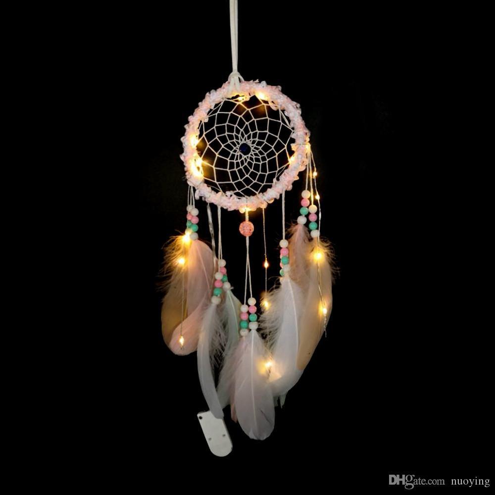 Dreamcatcher handmade phối ren hoa/lông vũ trang trí nhà cửa có đèn led