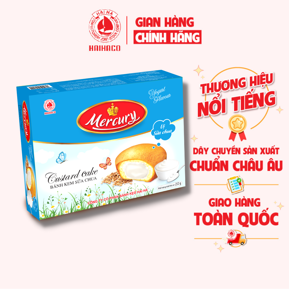 Bánh Bông Lan Kem Trứng Mercury Hương Sữa Chua Hải Hà (Hộp: 252g) - Hàng chính hãng