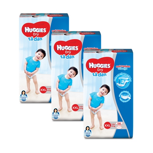 Combo 3 Tã dán HUGGIES DRY JUMBO M76/L68/XL62/XXL56 - Bao bì mới:XXL - Gói 56 miếng