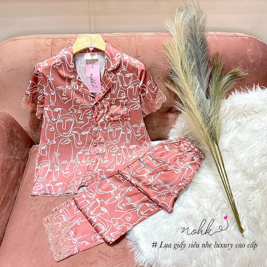 Bộ ngủ Pijama lụa họa tiết mặt người cộc tay cao cấp