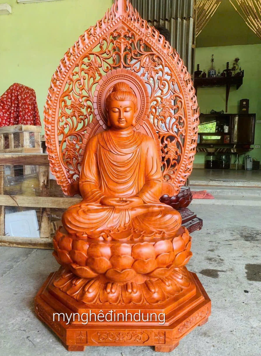 Tượng bổn sư thích ca mô ni phật bằng gỗ hương đá kt cao 81x56x52cm + lá chắn hào quang cao tổng 1m17cm