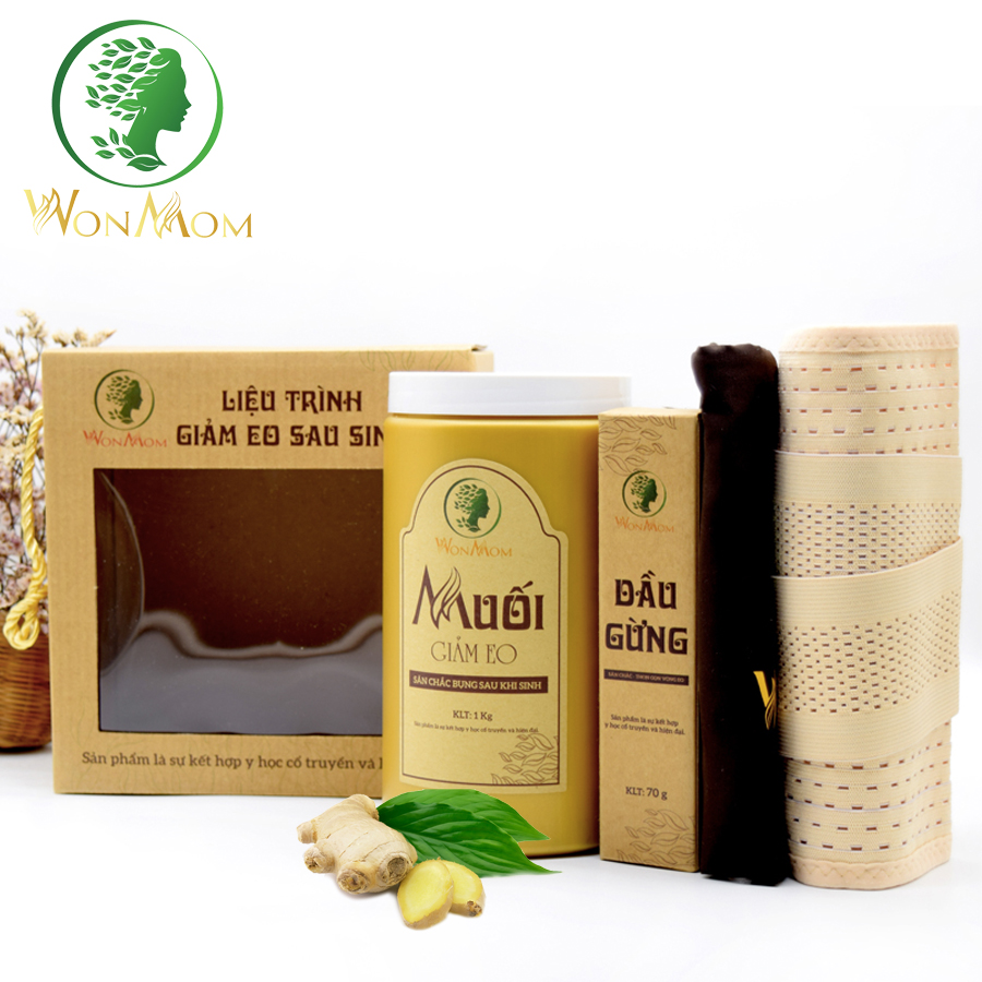 Liệu trình giảm eo sau sinh Wonmom ( 1 Hộp muối quấn bụng + 1 Dầu gừng + 1 Đai quấn muối + 1 Gen nịt bụng )