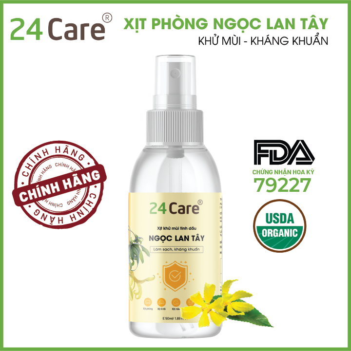 Xịt Phòng Tinh Dầu Ngọc Lan Tây Hữu Cơ Organic  24Care 50ML/100ML - Kháng khuẩn - Khử mùi hôi - Đuổi muỗi, côn trùng - Tạo không gian lãng mạn, hẹn hò - Hương thơm thư giãn