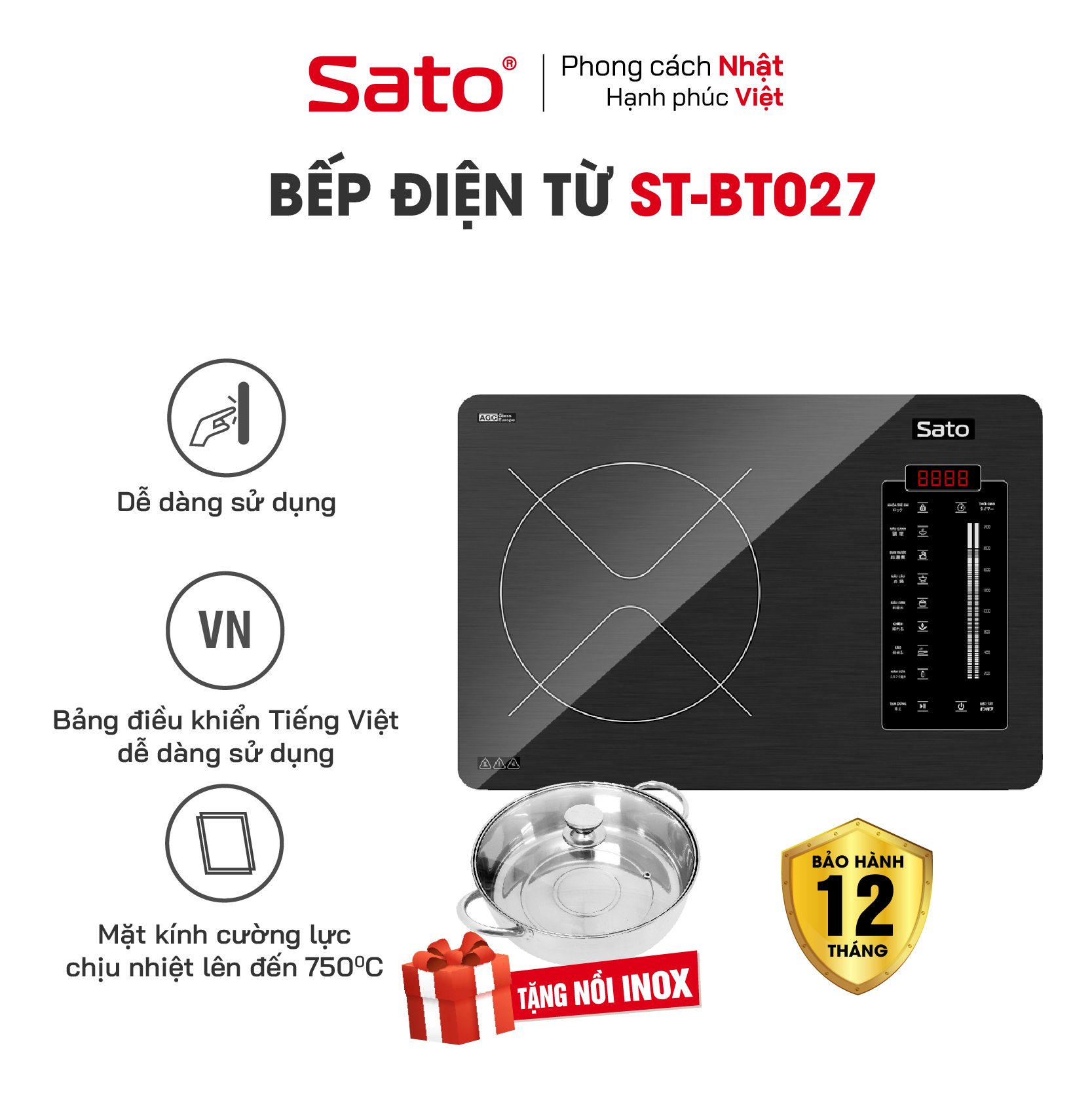 Bếp từ đơn SATO BT027 Mặt kính cường lực cao cấp chống xước, chịu nhiệt lên tới 750 °C độ bền cao và an toàn tuyệt đối- Miễn phí vận chuyển toàn quốc - Hàng chính hãng