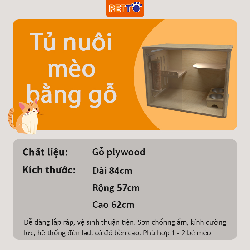 Tủ mèo bằng gỗ thiết kế thông minh kèm hệ thống ĐÈN LED cao cấp, sang trọng cho mọi không gian CC018