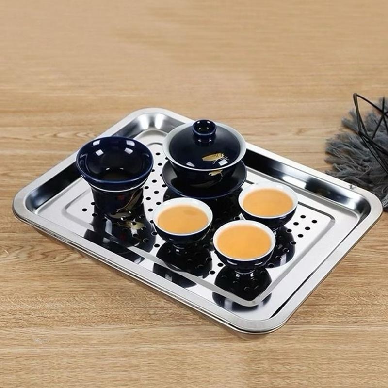 [AnhOtShop] Bộ Khay Inox Úp Cốc Chén Chữ Nhật Có Lỗ Thoát Nước – Tiện Dụng Pha Trà, Đựng Đồ Đa Năng (Loại 2 Lớp)