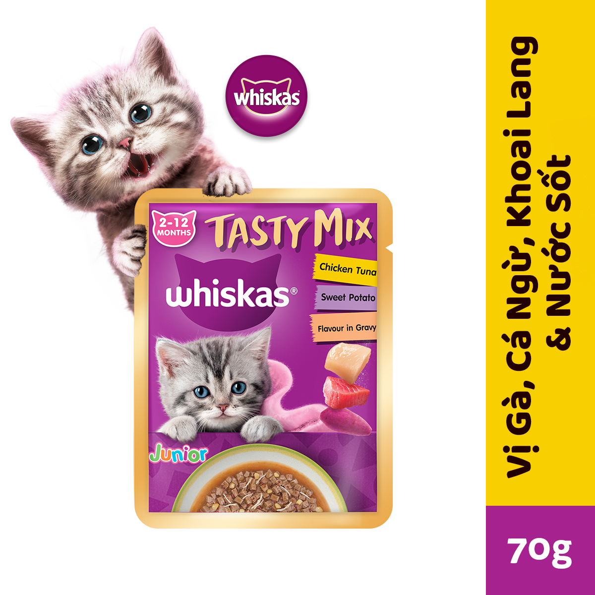 WHISKAS TASTY MIX Thức ăn cho mèo con dạng sốt - gói 70g, 12 gói