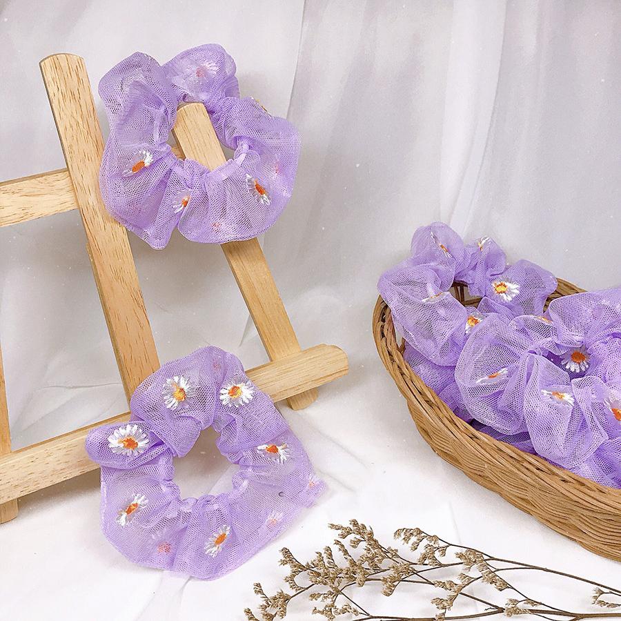 Combo 4 dây buộc tóc Scrunchies lưới cúc thêu tím