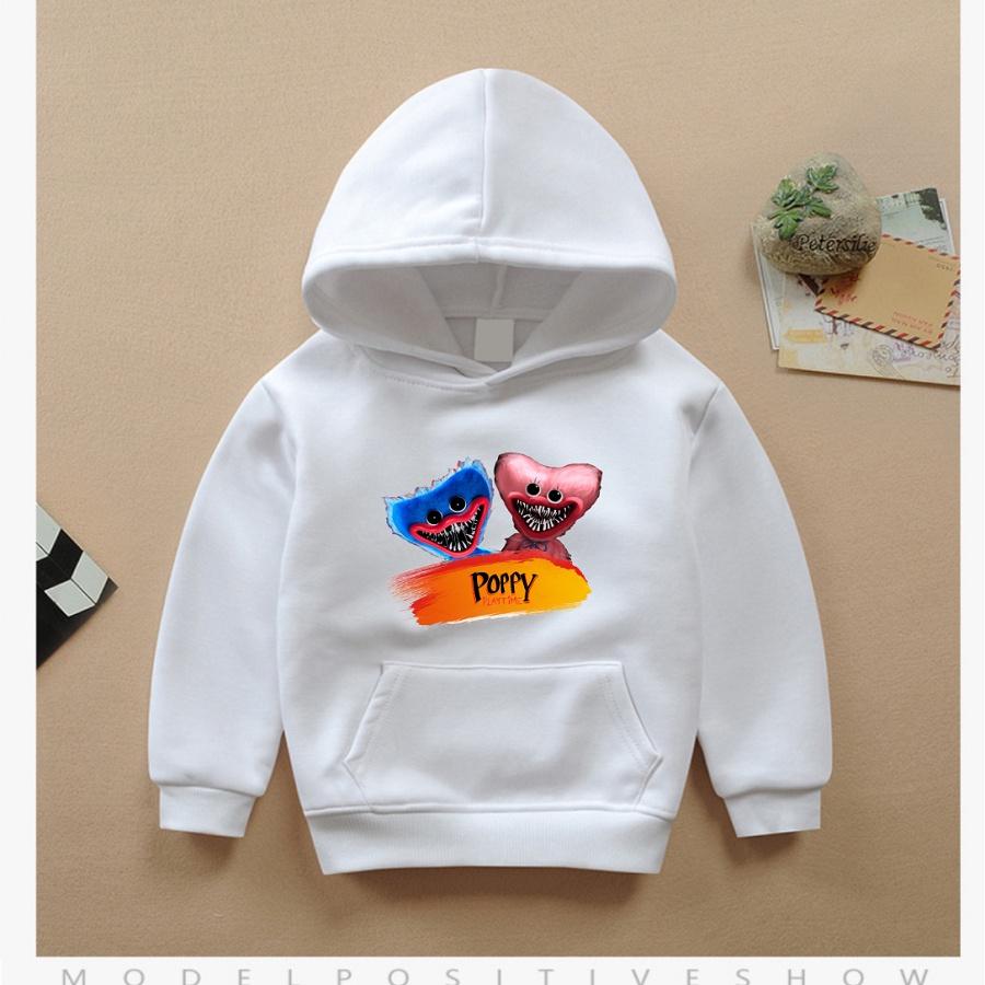 Áo khoác in hình Poppy Playtime Huggy Wuggy Plush kiểu dáng hoodie trắng cực chất đủ size cho bé trai bé gái