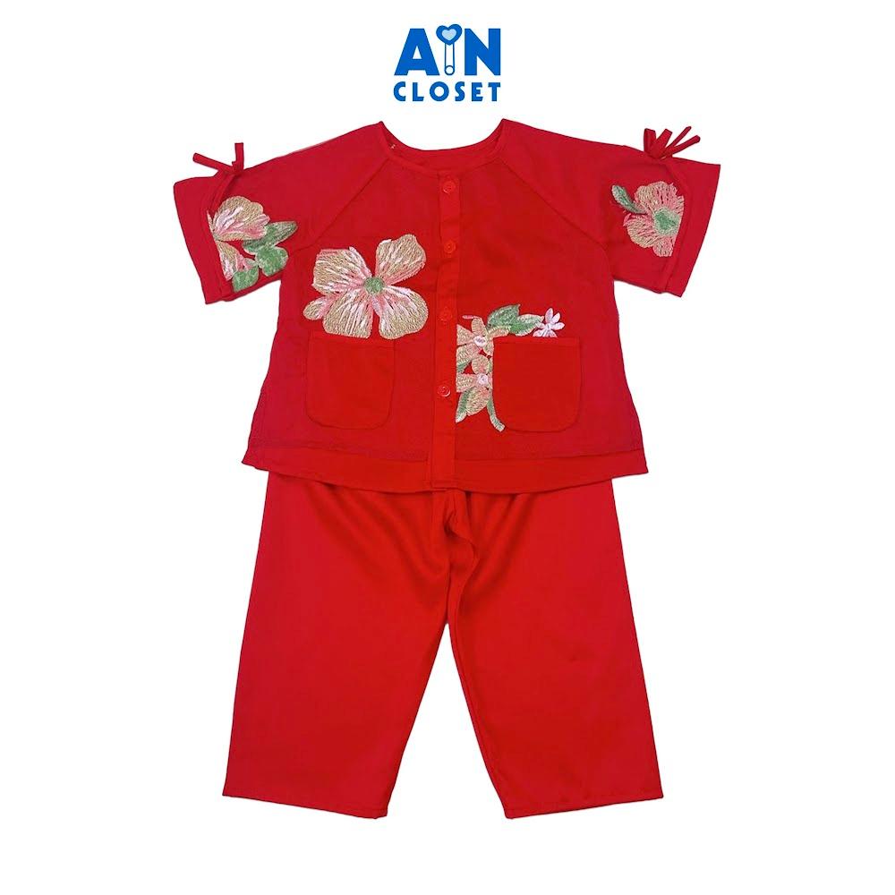 Bộ quần áo Bà Ba Dài tay ngắn bé gái họa tiết Mẫu Đơn Đỏ Tơ - AICDBGK0BPD8 - AIN Closet