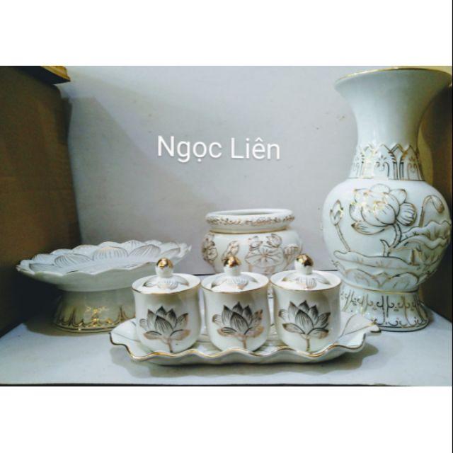 Bộ Sứ Thờ Bạch Ngọc hoa sen Lư hương 5 inch