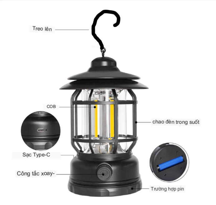 Đèn Măng Xông Vintage Led Đi Du Lịch Dã Ngoại Cắm Trại, Đèn Bão Tích Điện Treo Lều Cắm Trại