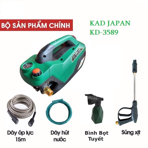 Máy phun xịt rửa xe áp lực cao KAD JAPAN- KD 3589, Công suất mạnh 3500W, Điều chỉnh được áp lực phun, Phù hợp cho mọi công việc, Dây áp lực cao 15m loại dẻo, Chống xoắn, Chống gập tốt(giao màu ngẫu nhiên).