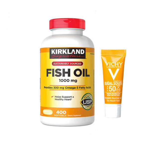 Thực phẩm bảo vệ sức khỏe Viên dầu cá Kirkland Signature Fish Oil 1000mg từ Mỹ, bổ sung Omega-3, DHA và EPA - 400 Viên Tặng kèm kem chống nắng Vichy Ideal Soleil (3ml) không trôi không nhờn rít, SPF 50 PA+++