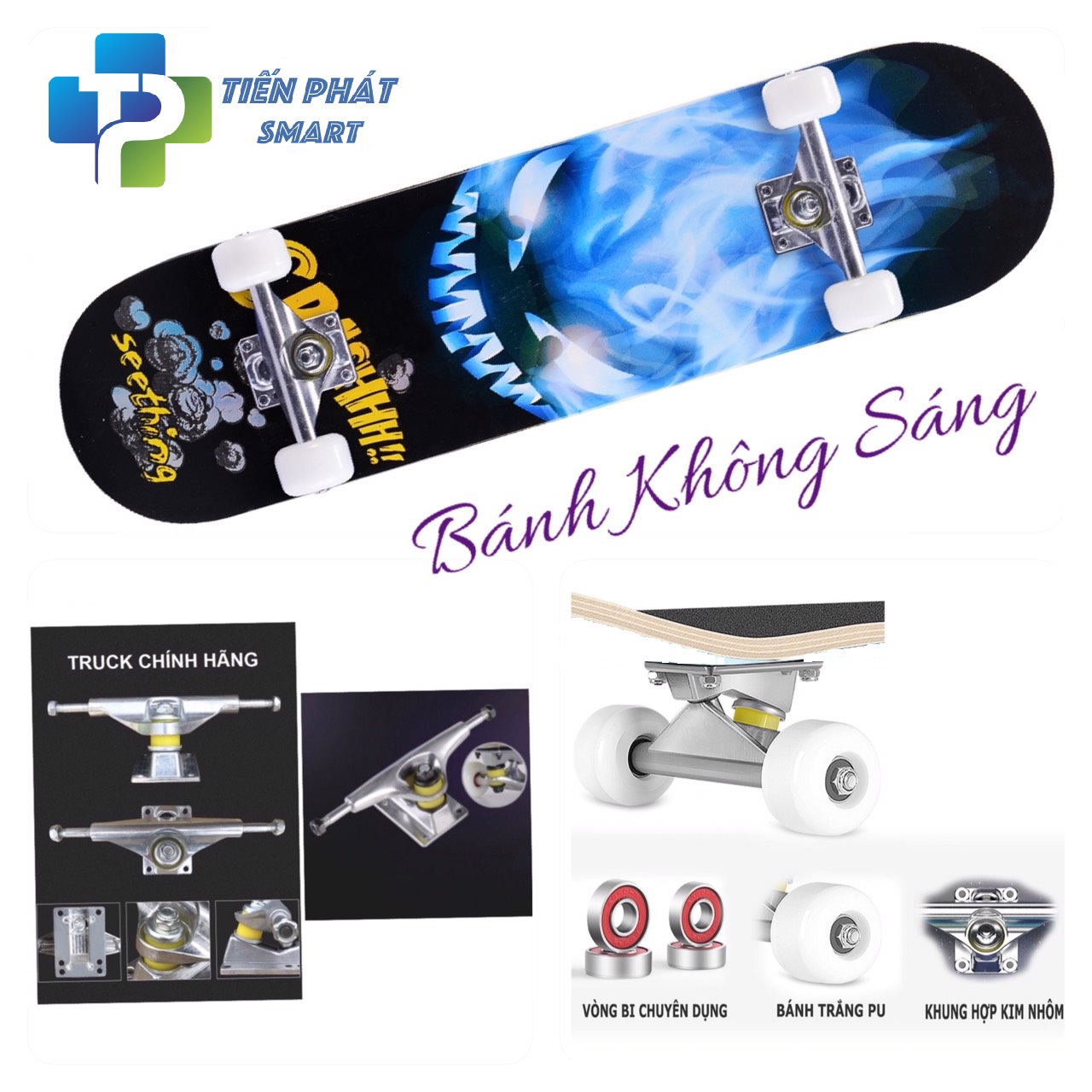 Ván Trượt Skateboard TP Tienphatsmart (Hình Lửa Xanh), - Ván Trượt  Mặt Nhám Chống Trơn Trượt, Gỗ Ép Tiêu Chuẩn, Ván Trượt Gỗ Tải trọng 150kg, Ván Trượt Gỗ Dành Cho Người Lớn Và Trẻ Em