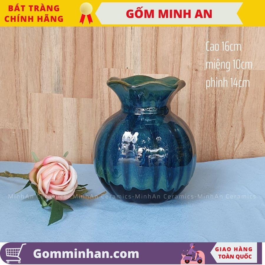 Bình Hoa Lọ Hoa Nhỏ Thấp Màu Xanh Miệng Lượn Men Hỏa Biến, Men Ngọc Lưu Ly- Gốm Sứ Bát Tràng- Gốm Minh An