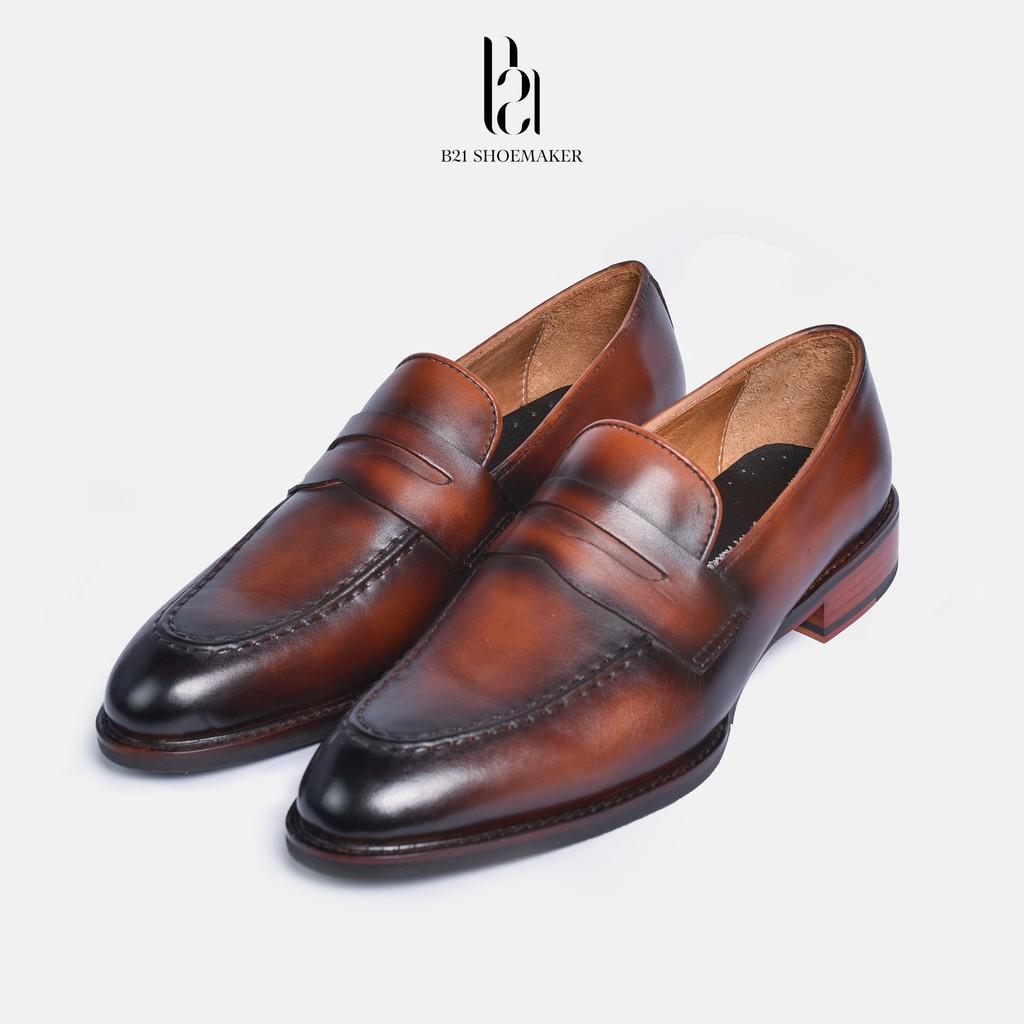 Giày Lười Loafer Da Bò Đánh Patina Đế Phíp Gỗ Lót Thoáng Khí 0,5cm Phong Cách CLASSIC Công Sở FULL BOX- B21 Shoemaker