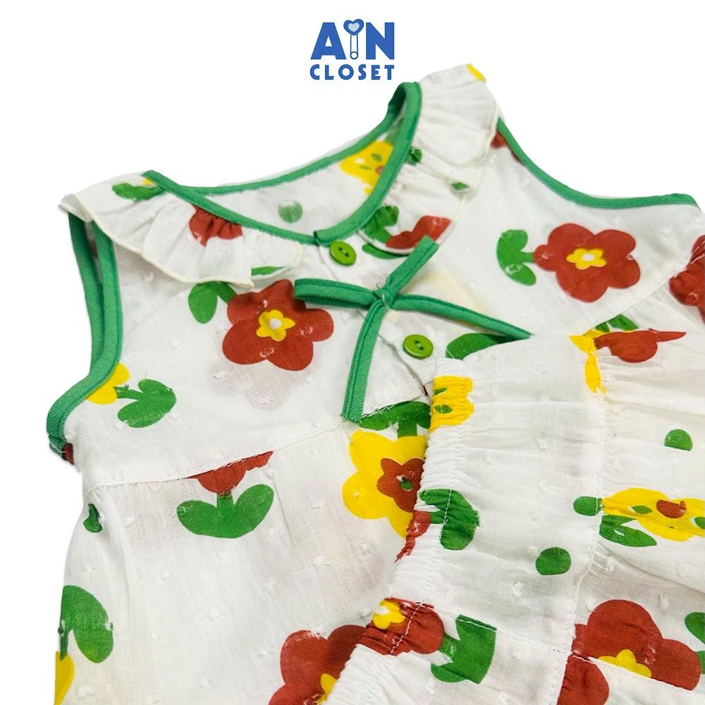 Bộ quần áo ngắn bé gái họa tiết Hoa Nâu viền xanh hạt cotton - AICDBGSMA9CJ - AIN Closet