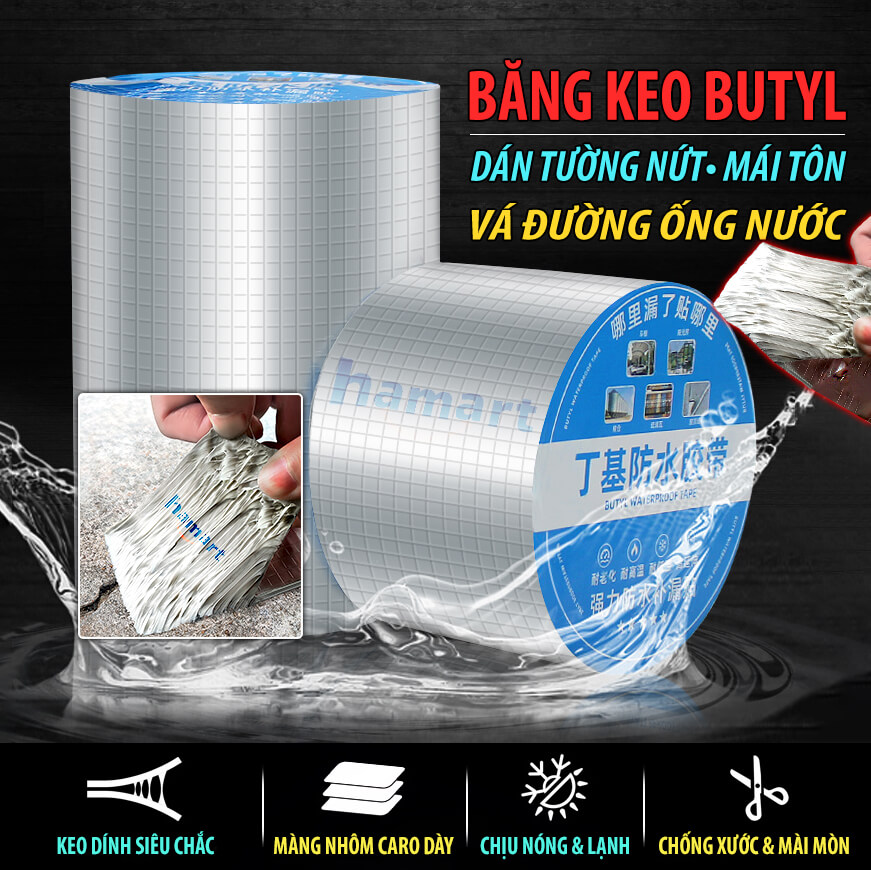 Băng Keo Chống Thấm Nước Butyl Dán Mái Tôn Chống Dột Vá Đường Ống Tường Sửa Chữa Nhà Cửa Siêu Dính