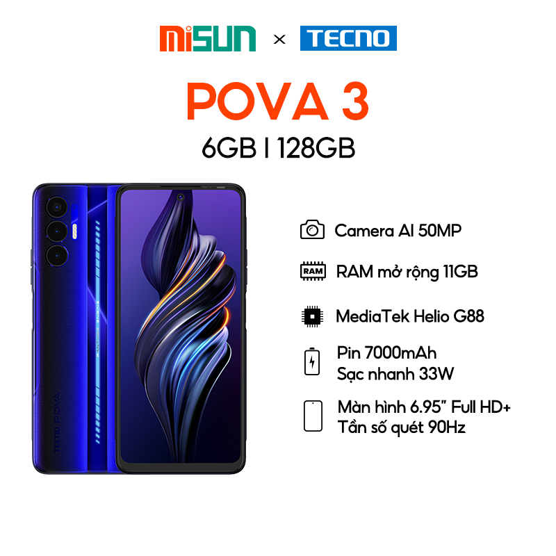 Điện thoại Gaming Tecno POVA 3 (6+5GB)/128GB-Helio G88|7000 mAh|Sạc nhanh 33W-Hàng Chính hãng