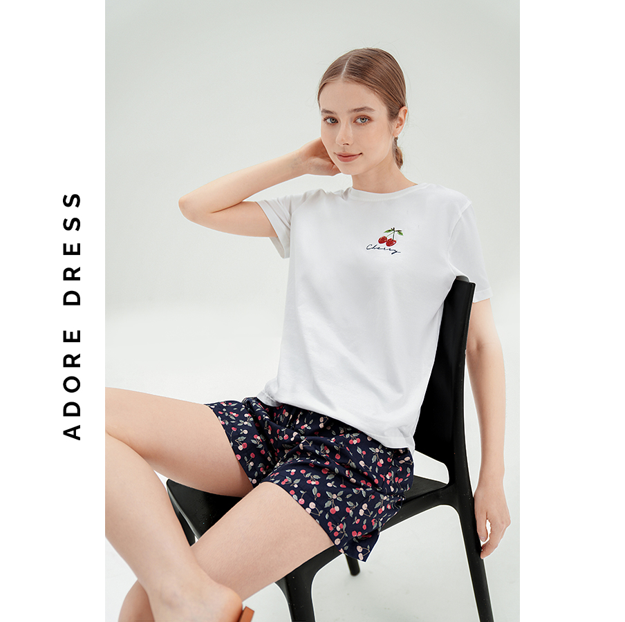 Set mặc nhà  home áo phông quần short thô trắng thêu ngực  311HO4005 ADORE DRESS