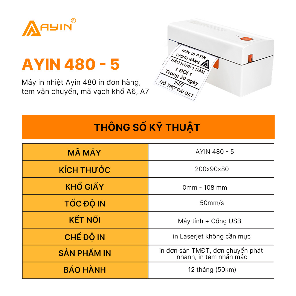 Máy In Nhiệt AYIN 480-5 - In Đơn Hàng TMĐT, Hóa Đơn Vận Chuyển, Tem Nhãn Mã Vạch, Phiếu Gửi, Logo Không Cần Mực, Bill Thanh Toán, Mini Code, Bar Code, Máy In Khổ A6/A7 - Phiếu In Có Thể Dán Ngay - Kết Nối USB - Hàng Nhập Khẩu